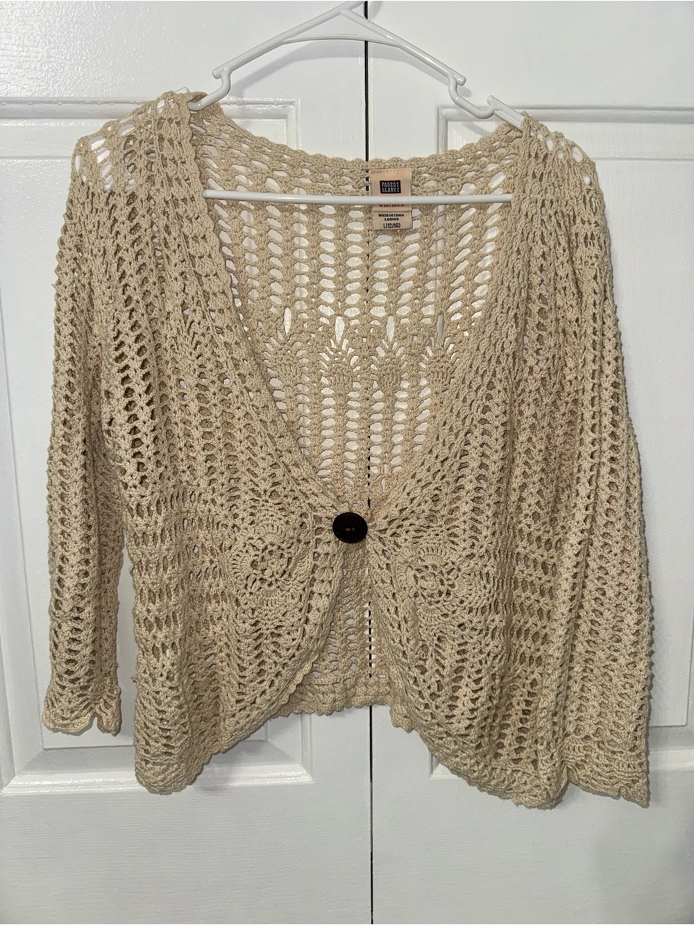 VTG Faded Glory Women’s L Crochet Cardigan Beige Boho Cottagecore Y2K Whimsi